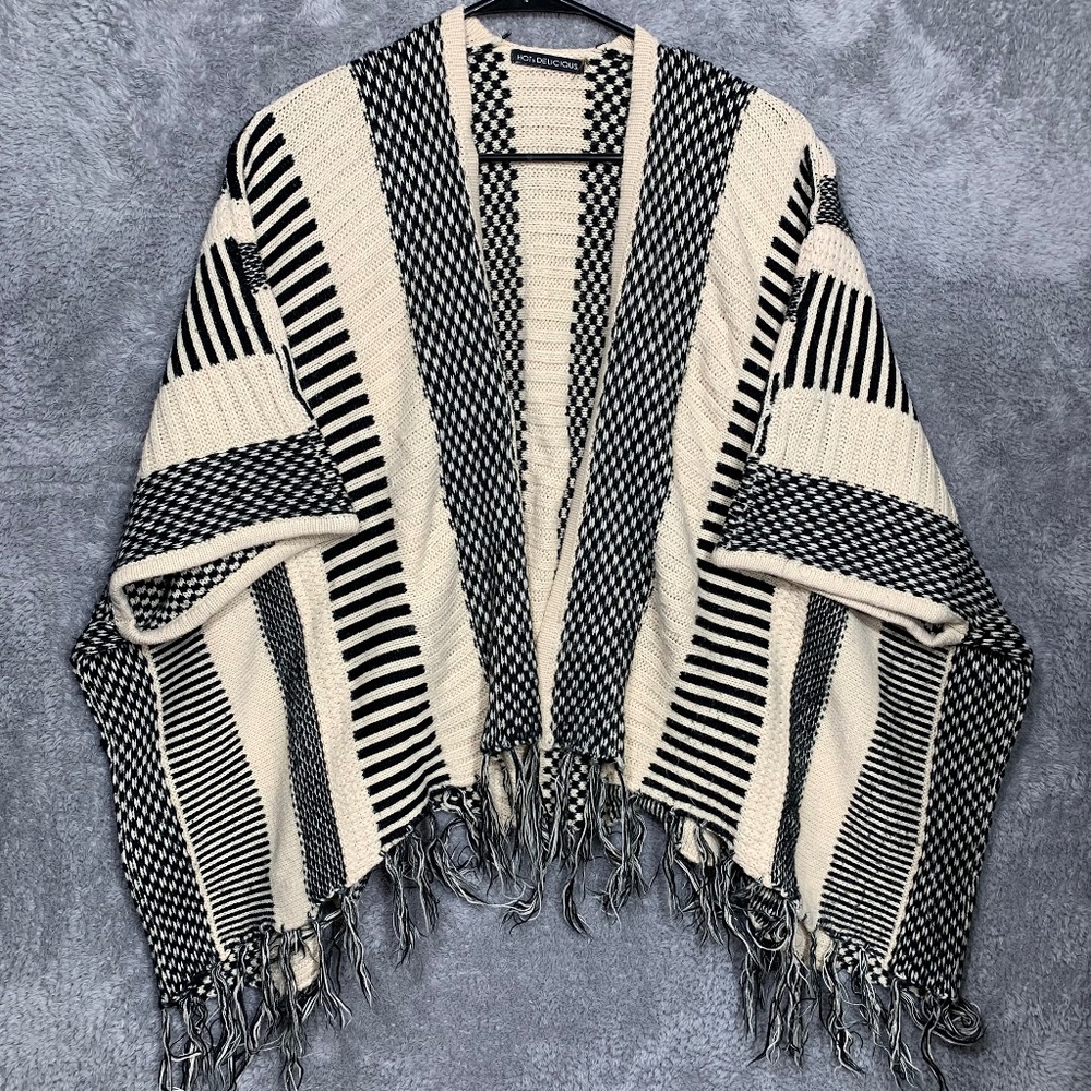 Hot & Delicious Women's Kimono Cardigan Black White Striped Fringe Open Front Sw